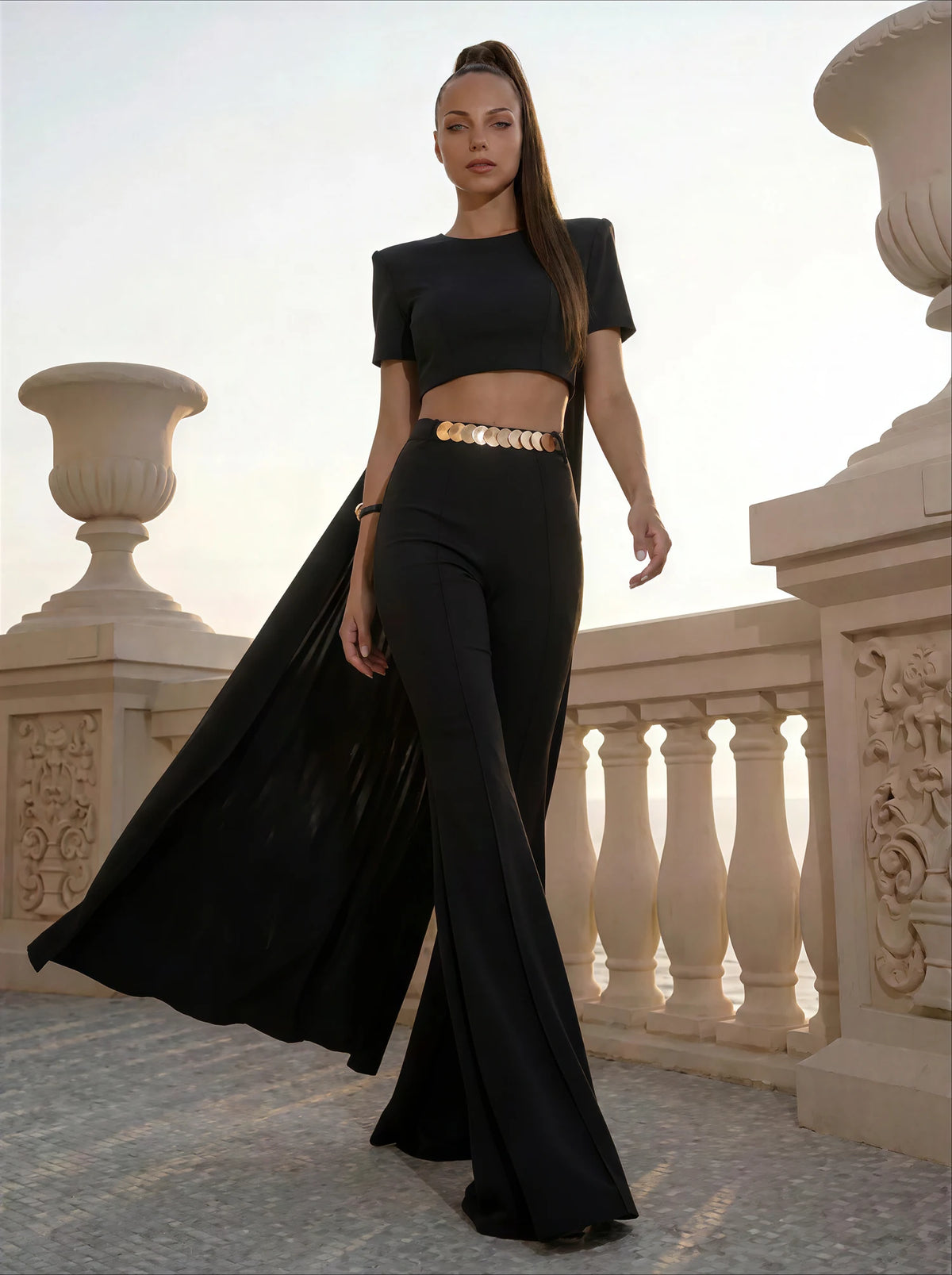 Kany Asymmetric Cape Blouse and Flare Trousers Set — KORSHA