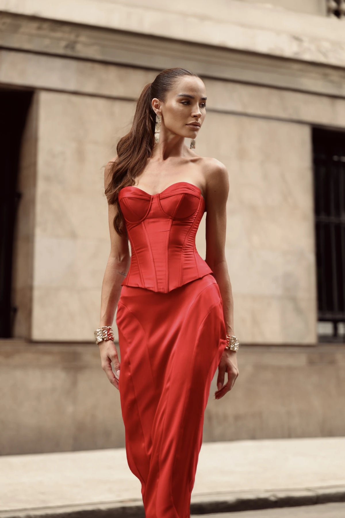 Premium Tailored Corset and Satin-Finish Midi Skirt Set — KORSHA