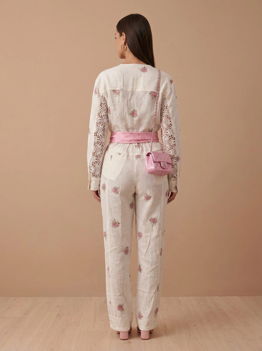 Tailored Linen-Blend Botanical Zip-Front Jumpsuit