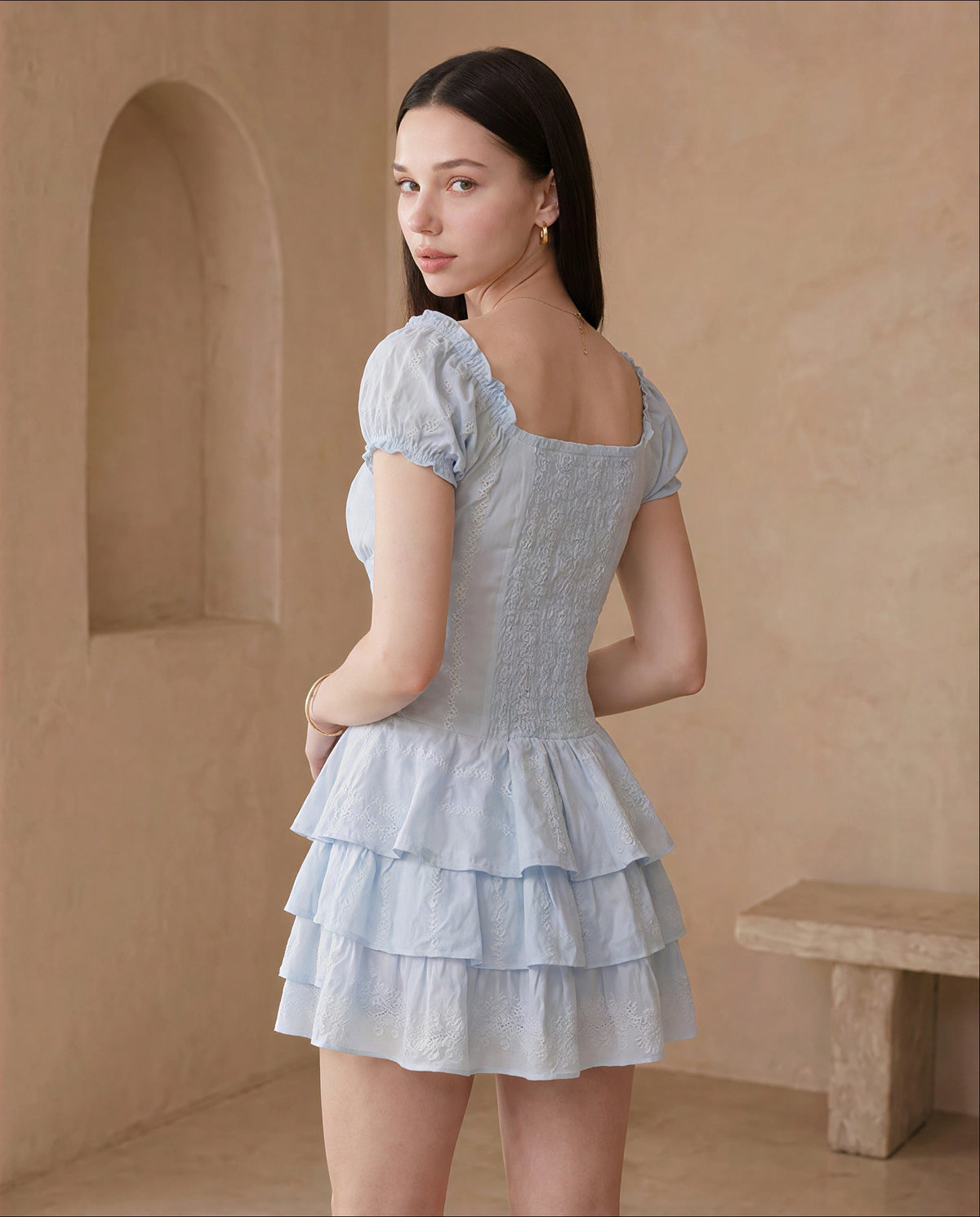 Tailored Cotton Eyelet Mini Dress with Ruffled Layers