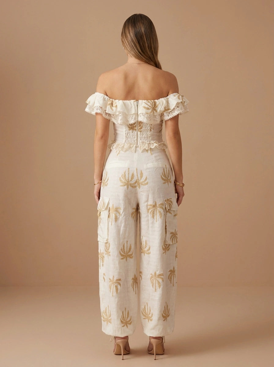 Luxurious Palm Embroidered Corset and Pants Set