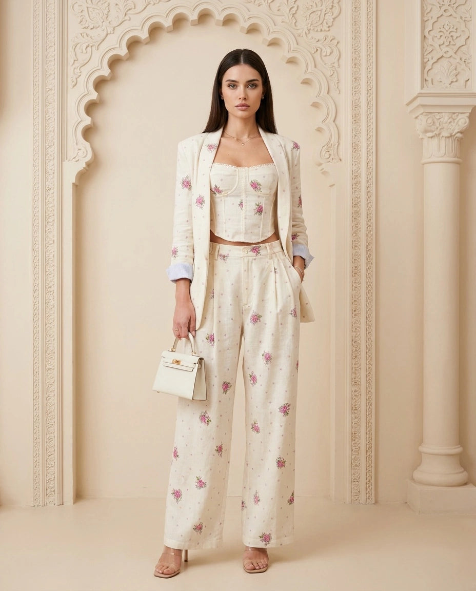 Tailored Botanical Blazer and Sculpted Top Three- Piece Suit