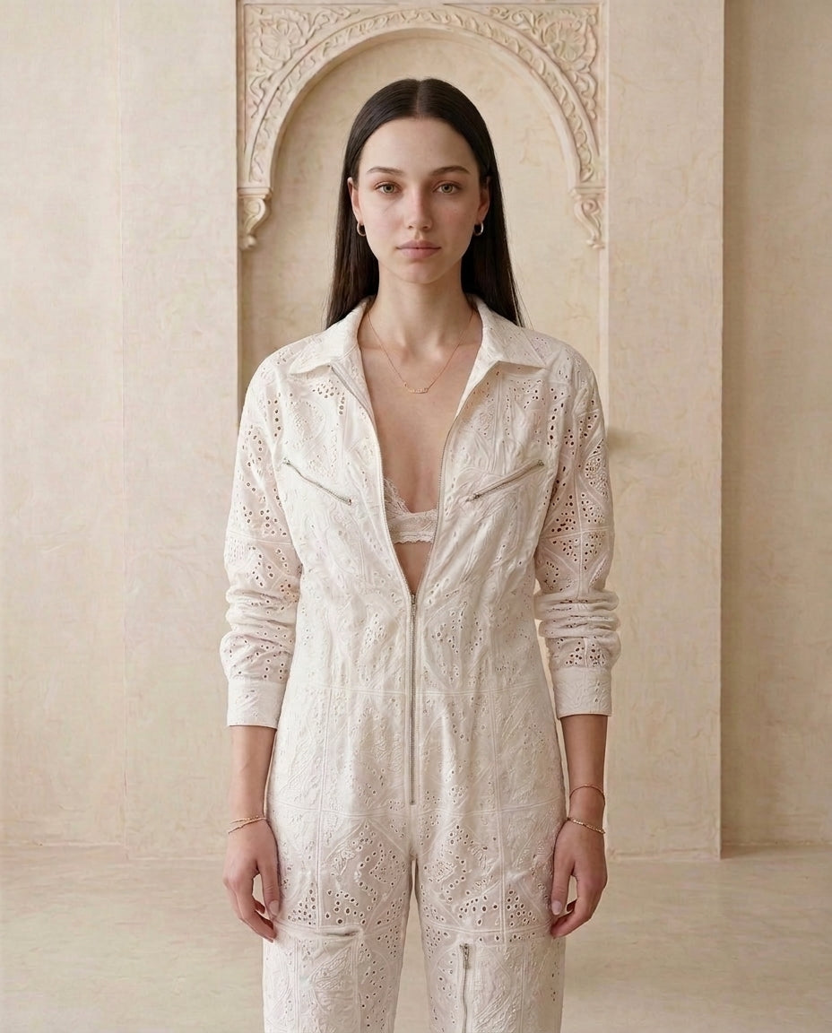Premium Cotton Broderie Anglaise Zip-Front Jumpsuit