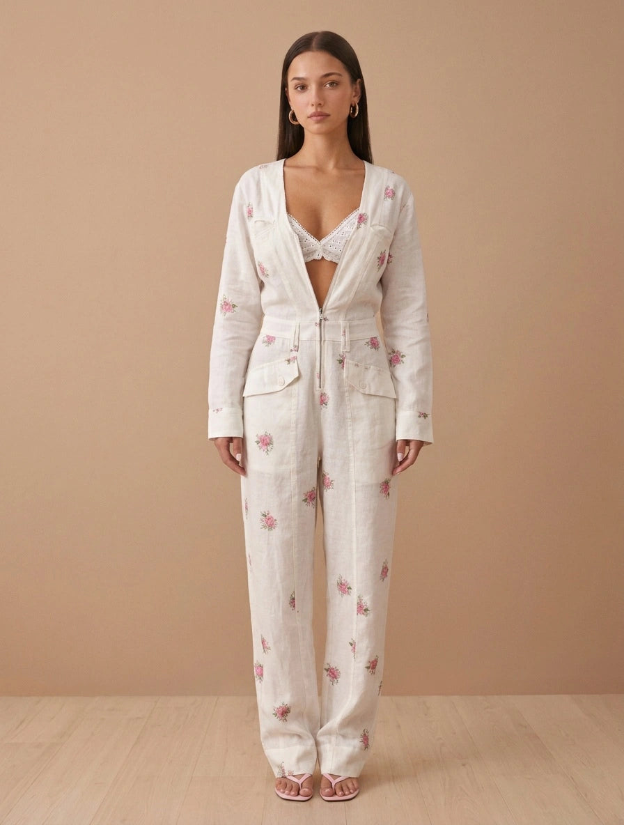 Tailored Linen-Blend Botanical Zip-Front Jumpsuit