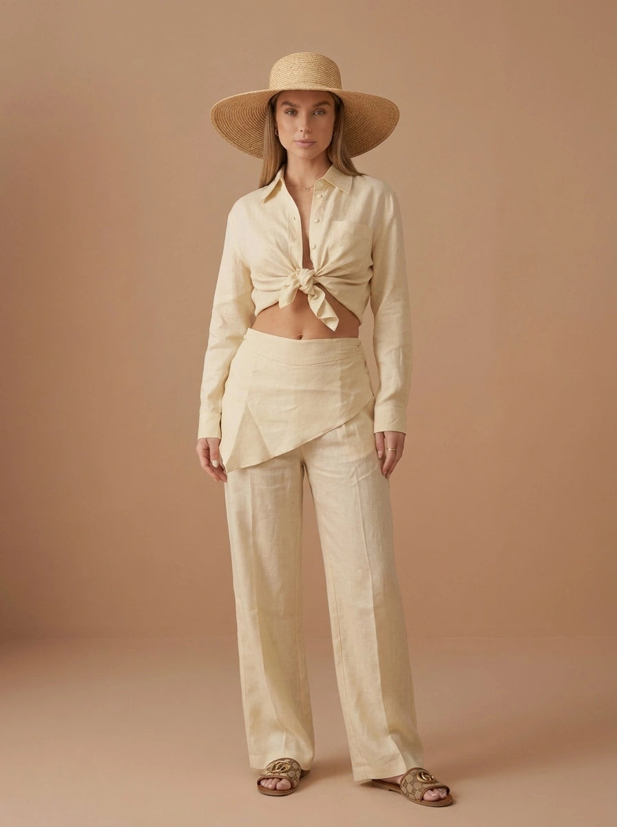 Linen Shirt and Pants Set with Waist Tie Scarf
