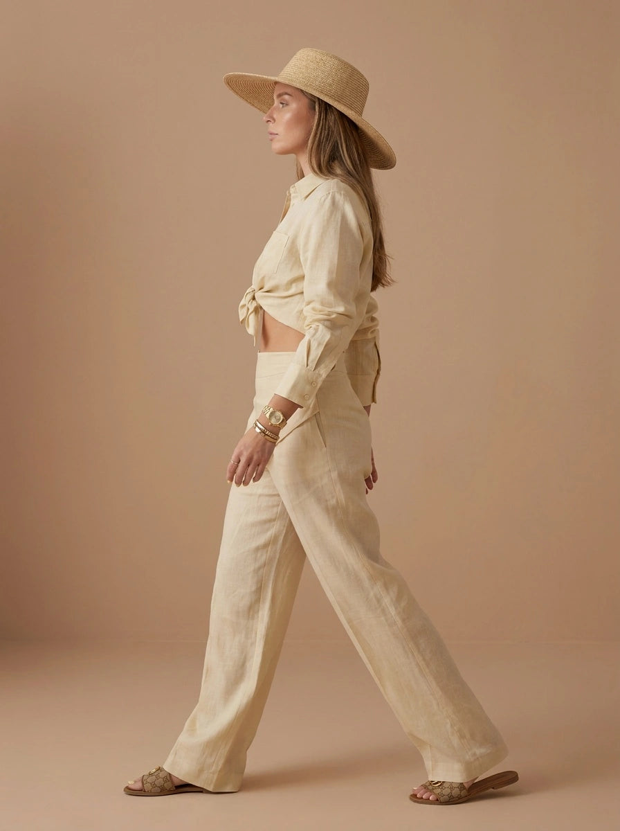 Linen Shirt and Pants Set with Waist Tie Scarf