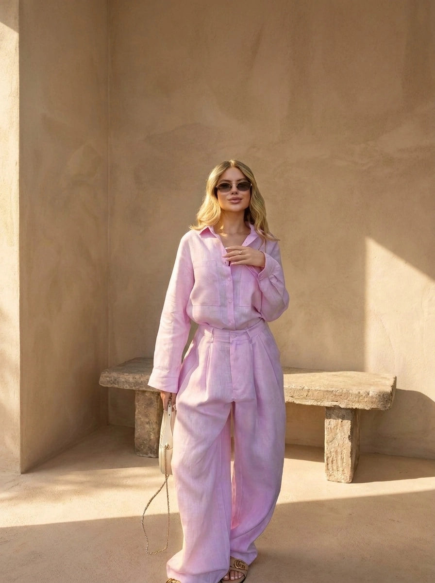 Tailored Linen Shirt and Overlap Waist Pants Ensemble