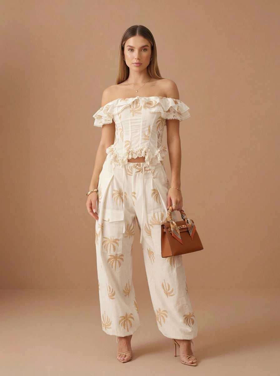 Luxurious Palm Embroidered Corset and Pants Set