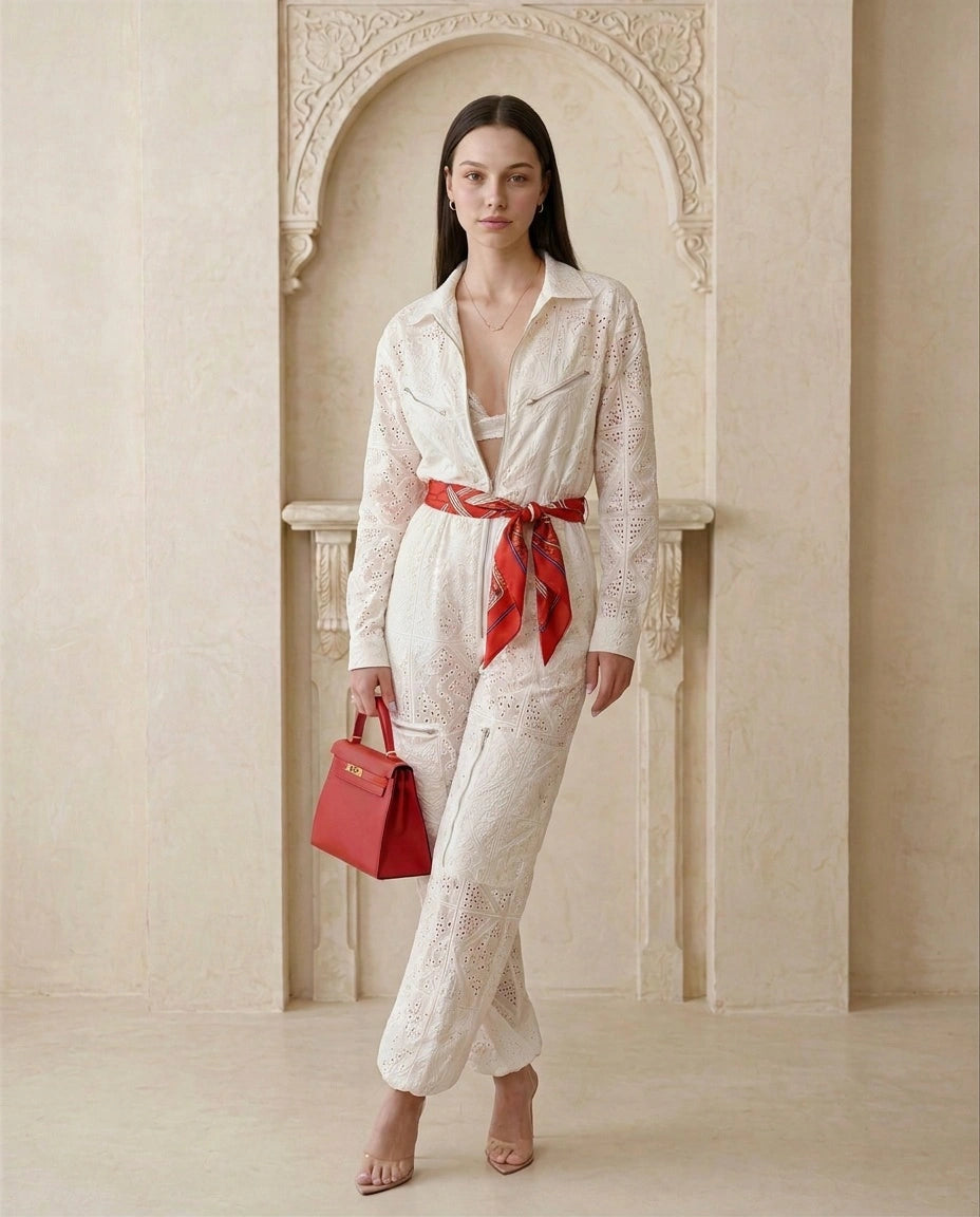 Premium Cotton Broderie Anglaise Zip-Front Jumpsuit