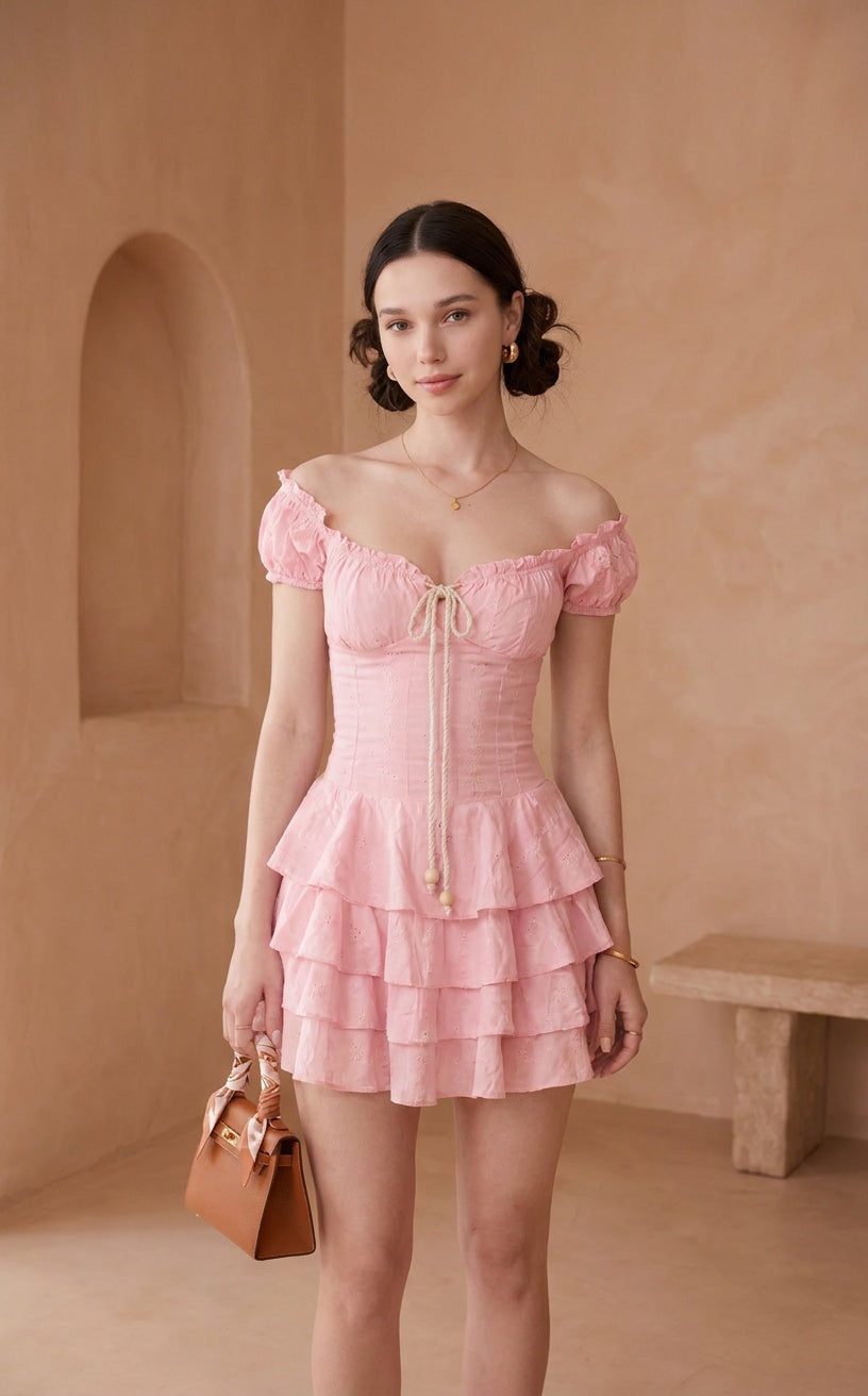 Tailored Cotton Eyelet Mini Dress with Ruffled Layers