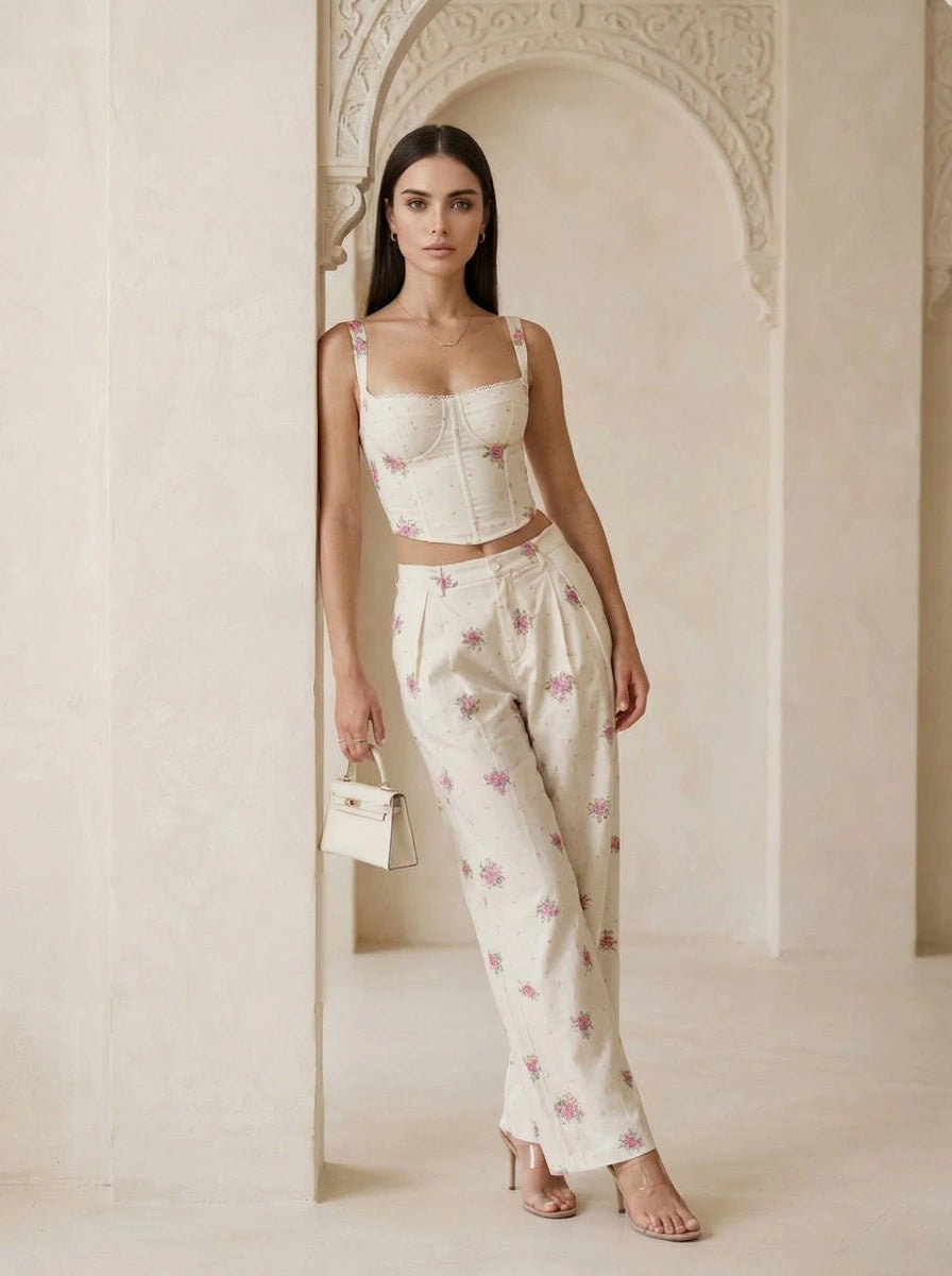 Tailored Botanical Blazer and Sculpted Top Three- Piece Suit