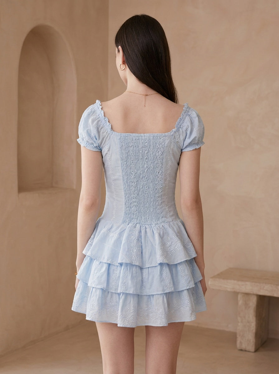 Tailored Cotton Eyelet Mini Dress with Ruffled Layers