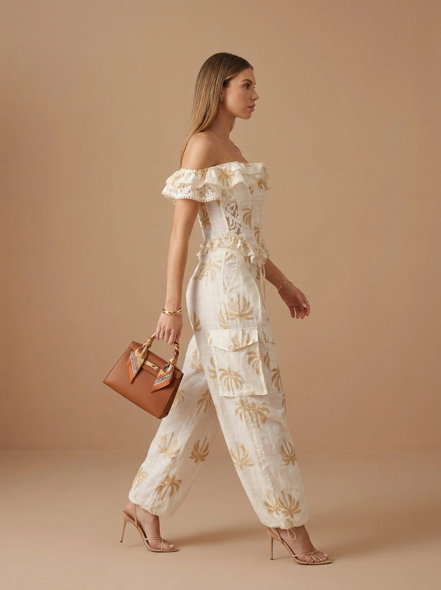 Luxurious Palm Embroidered Corset and Pants Set