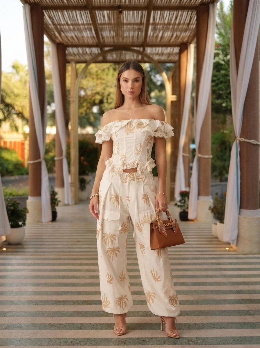 Luxurious Palm Embroidered Corset and Pants Set