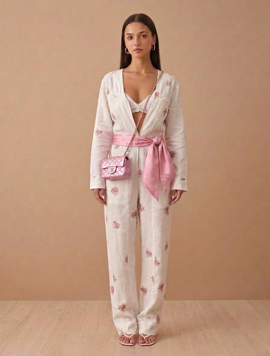 Tailored Linen-Blend Botanical Zip-Front Jumpsuit