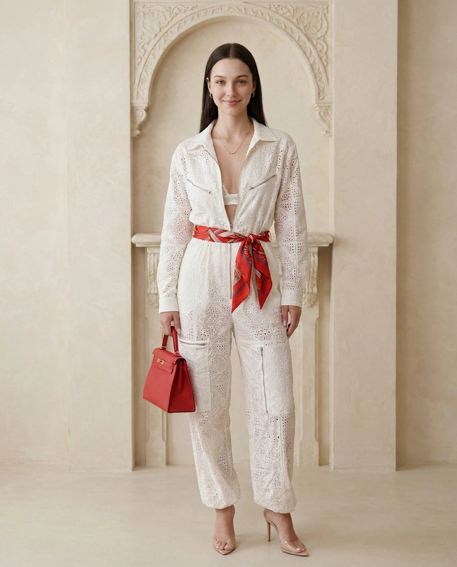 Premium Cotton Broderie Anglaise Zip-Front Jumpsuit